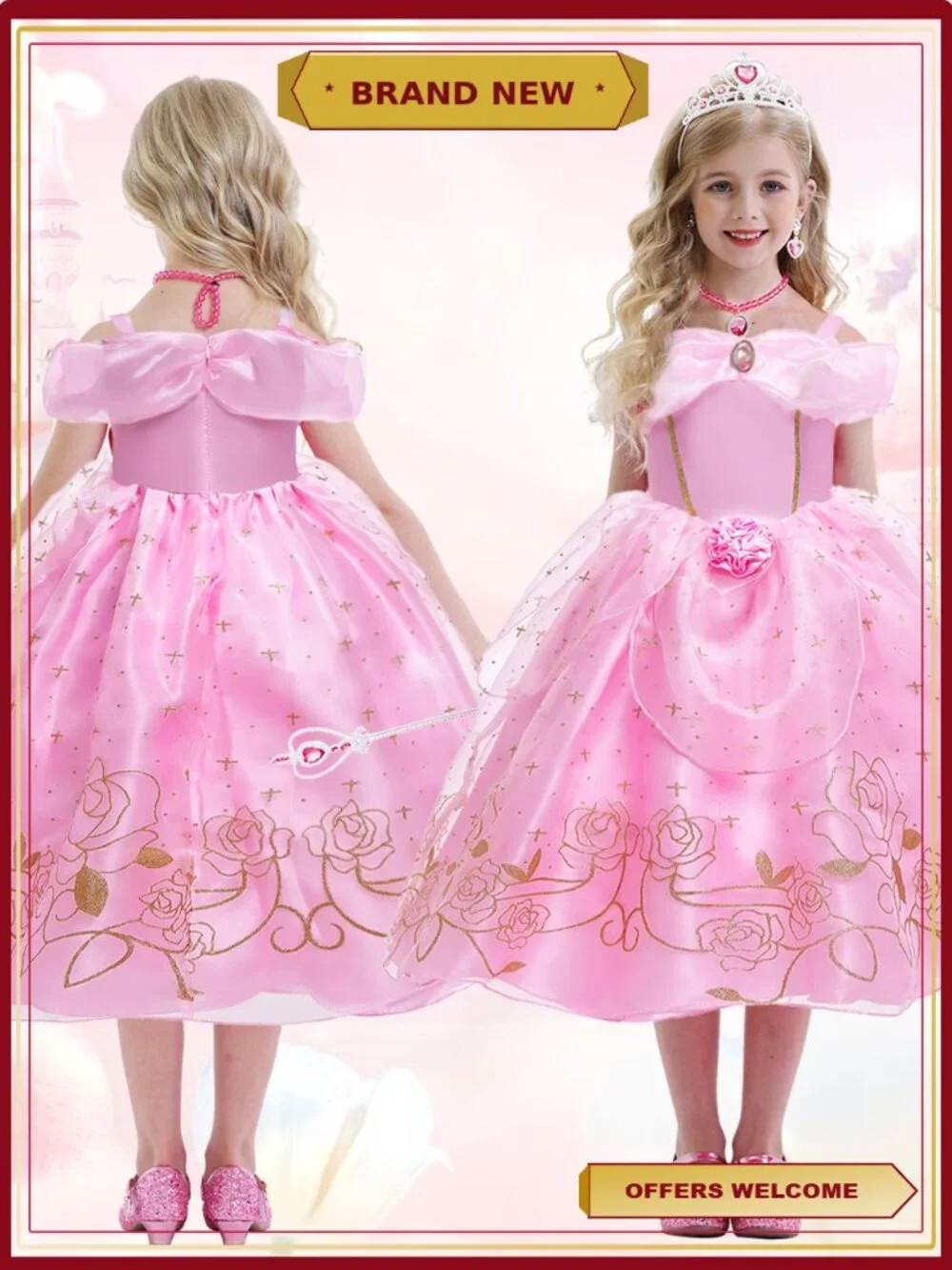Girls Pink Princess Costume Dress Up with Accessories Halloween Party